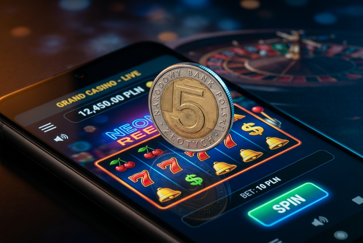 A 5 PLN coin placed on a smartphone displaying a casino app interface.