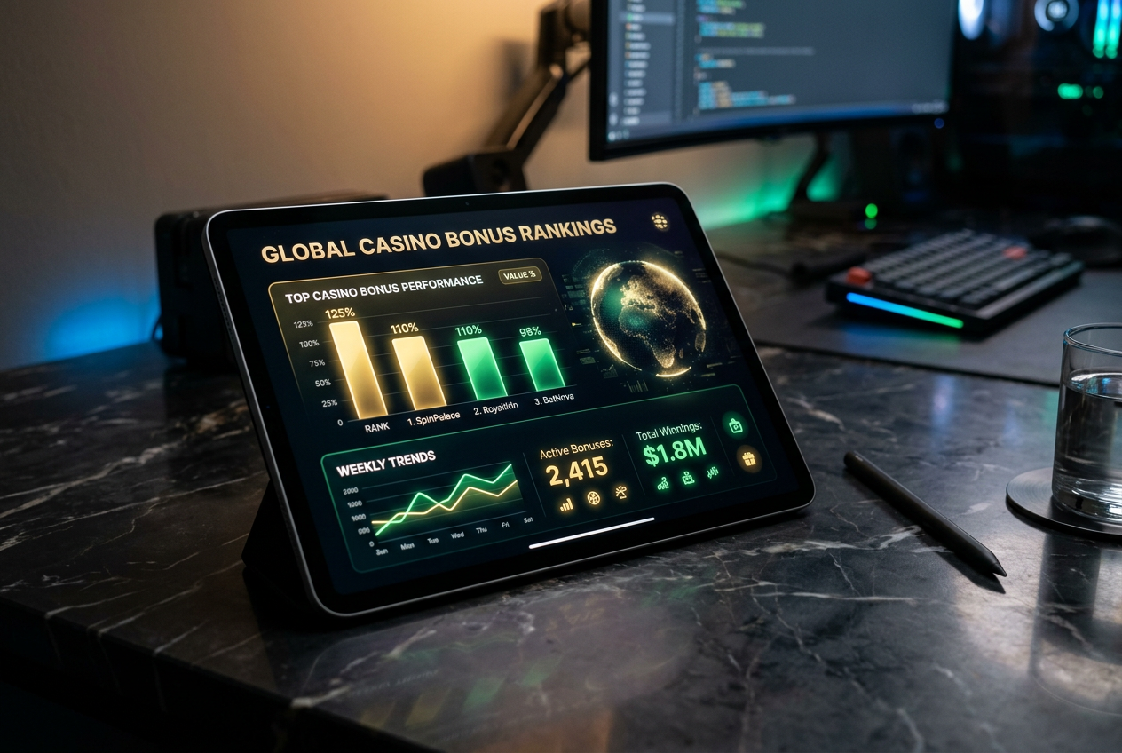 Sleek digital dashboard showing casino bonus rankings and statistics.