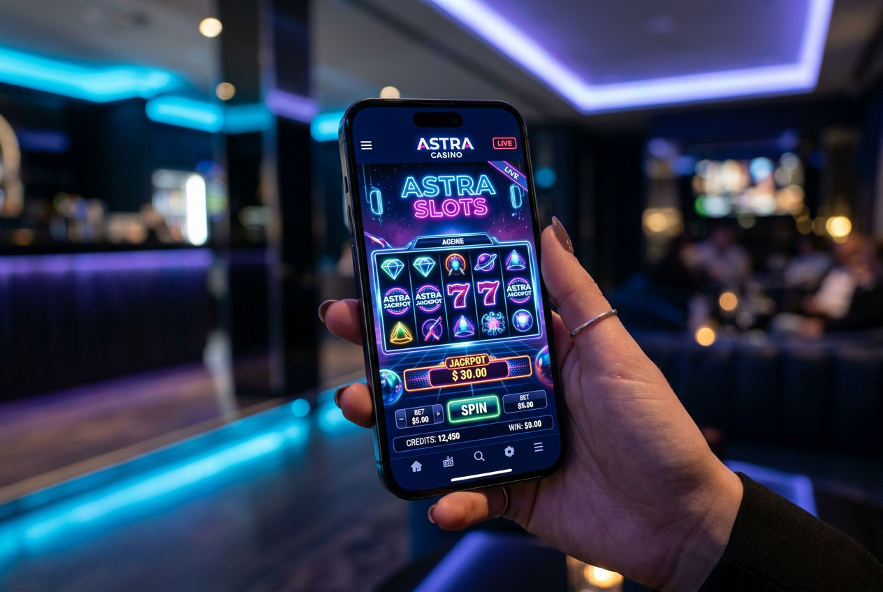 Modern smartphone displaying a futuristic casino interface with vibrant slots.